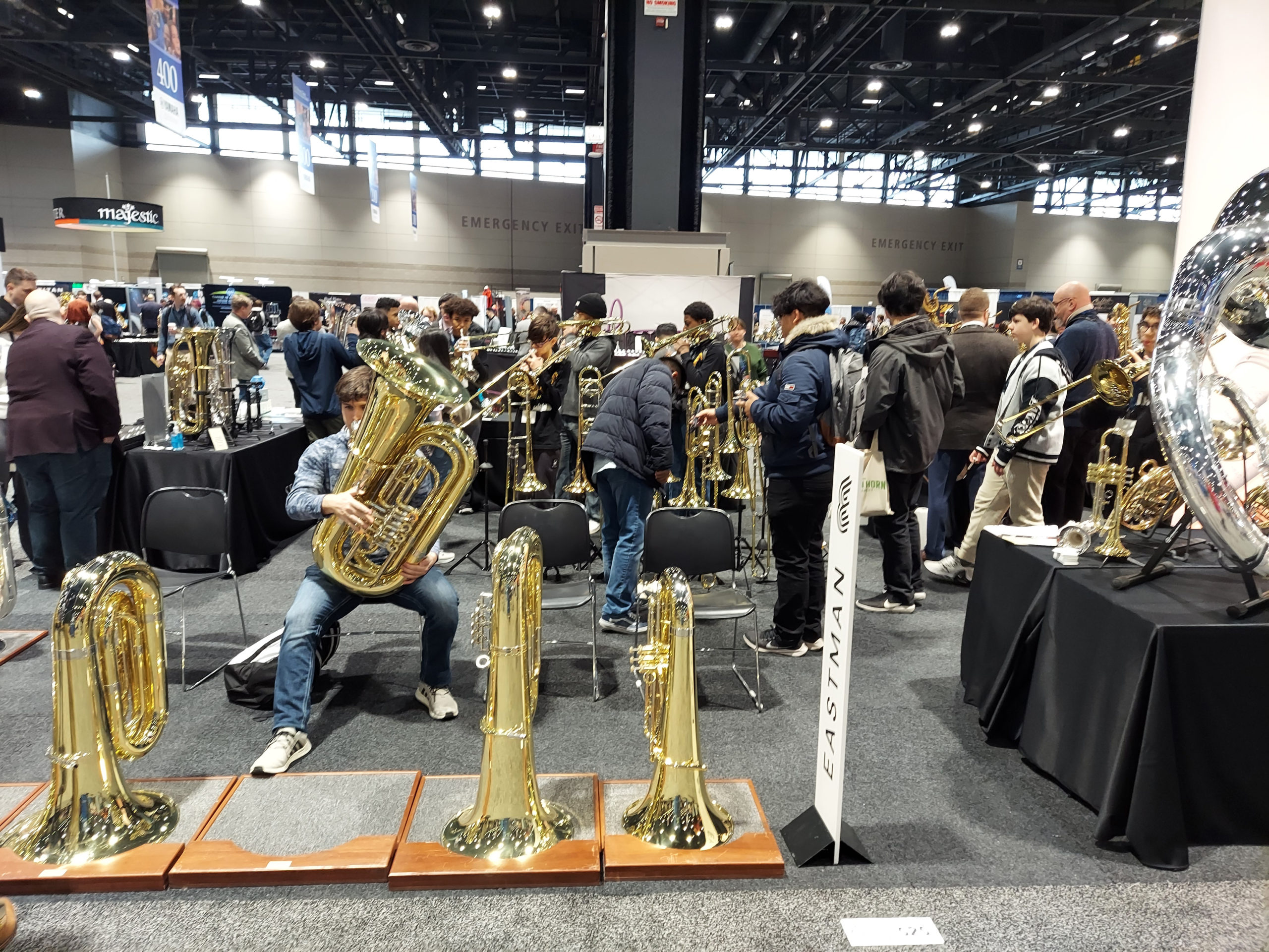 An assortment of tubas at the Exhibition Hall during the Midwest Clinic