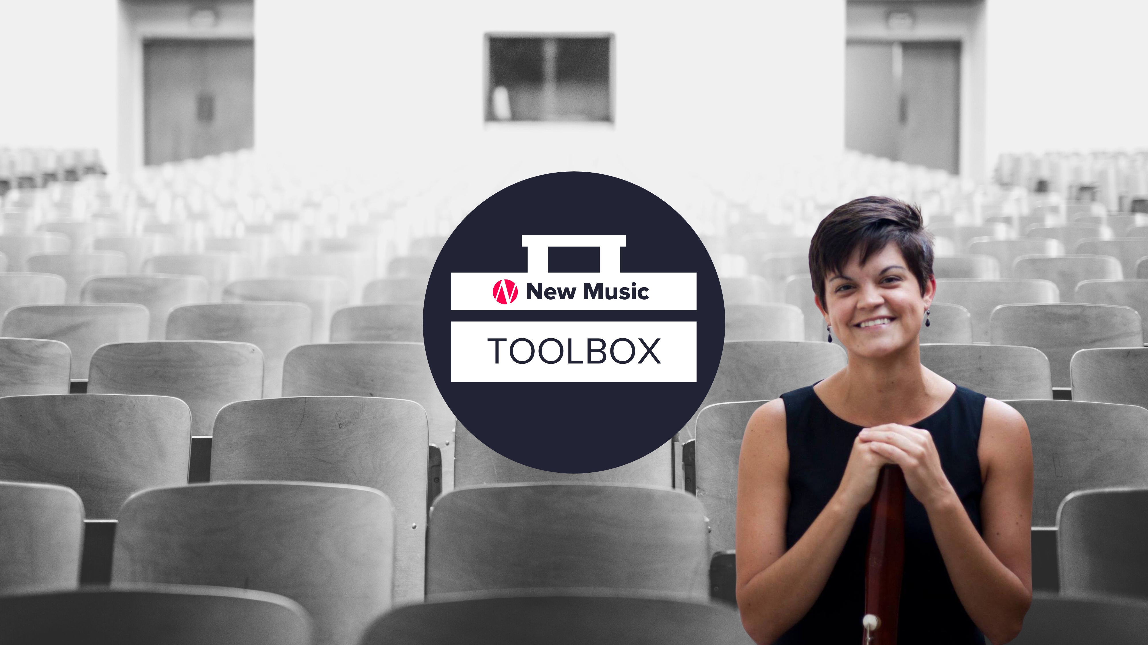 Cayla Bellamy sitting in an empty classroom with an overlay of the NMBx ToolBox banner
