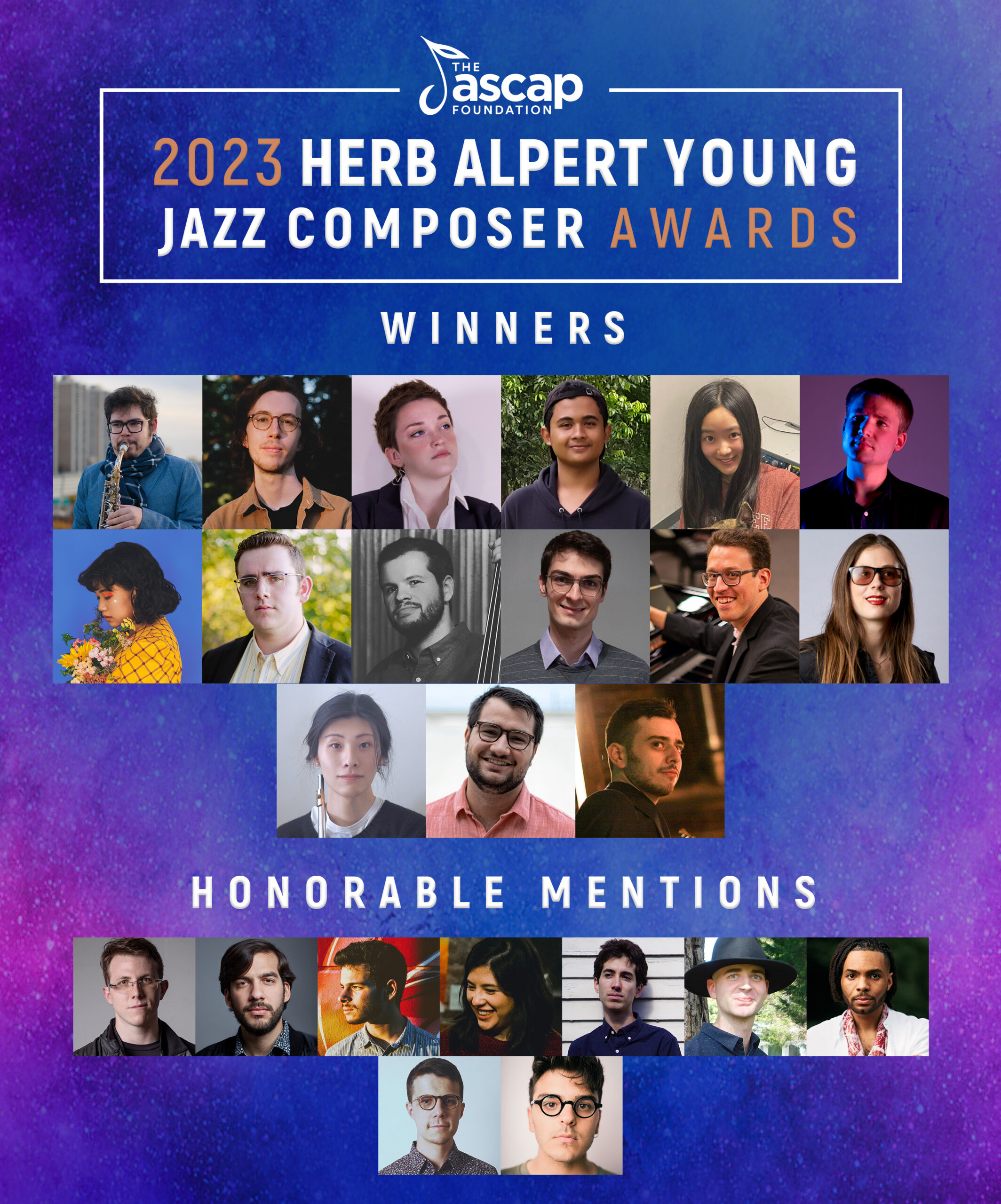 Photo of all the 2023 ASCAP Foundation Herb Alpert Young Jazz Composer Award Recipients and Honorable Mentions