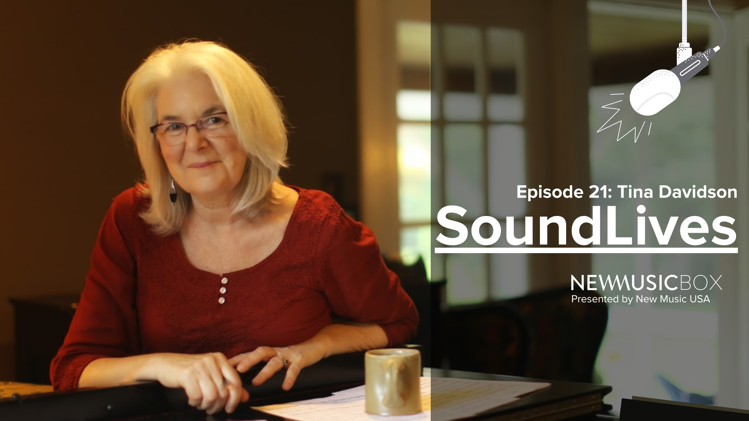Photo of Tina Davidson sitting at a desk with an overlay of the SoundLives logo