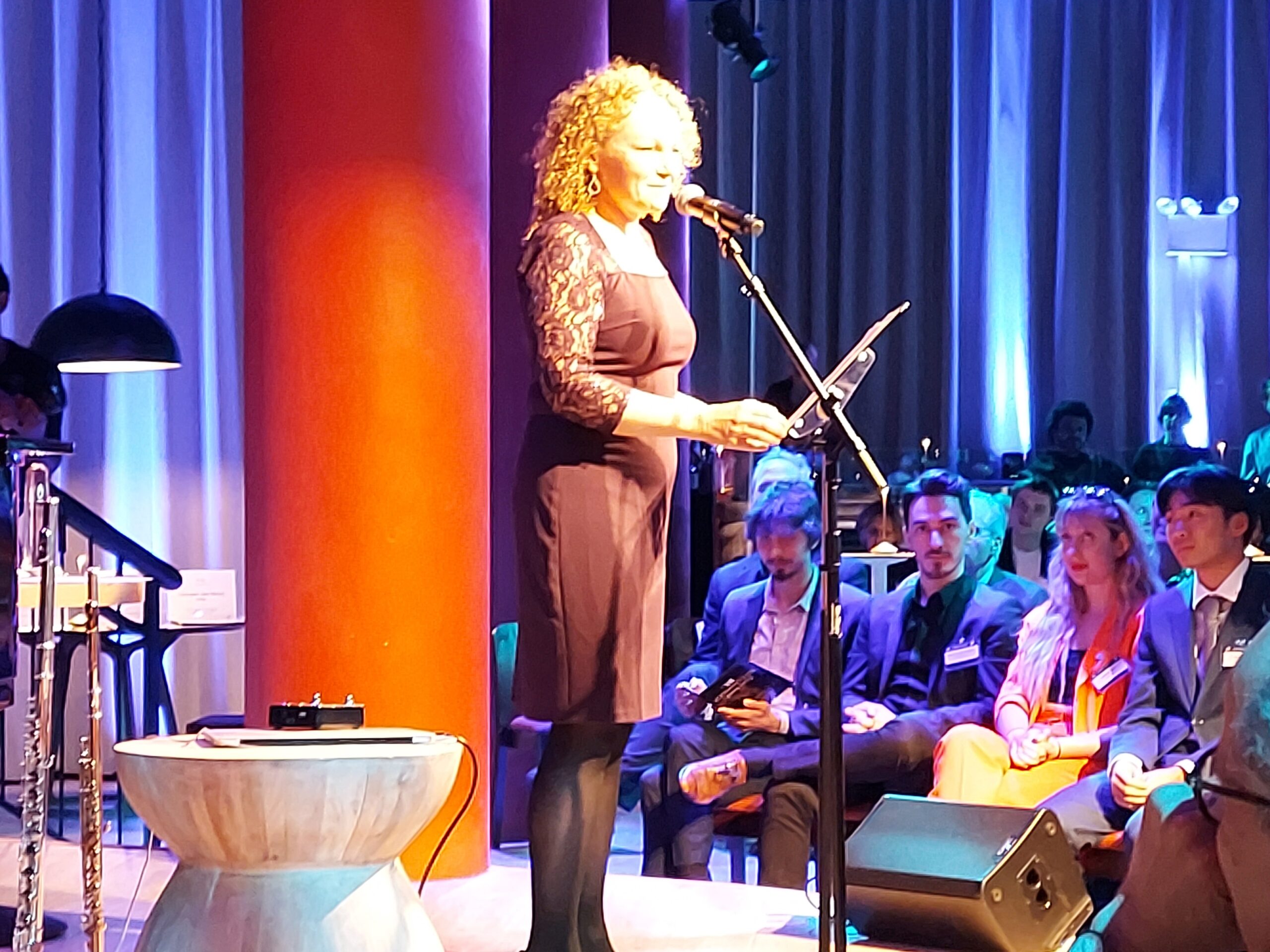 Deirdre Chadwick welcomes guests to the 2023 BMI Composer Awards celebration at Chelsea Table and Stage in New York City