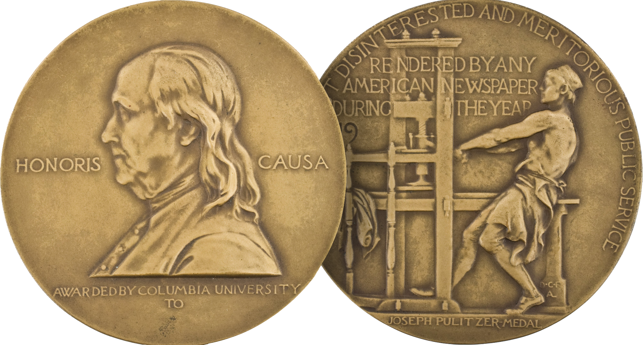The front and back sides of a Pulitzer Prize medal