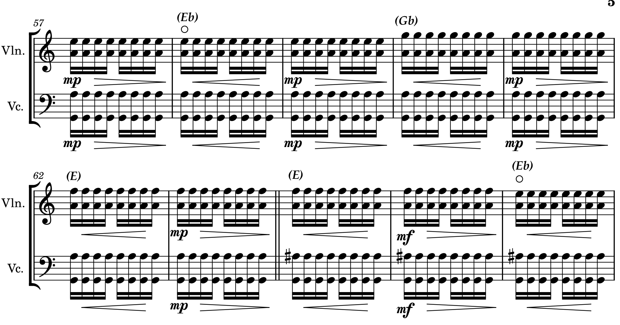 An excerpt from the score for Shi-An Costello's Diminishing 5ths, a composition for violin and violoncello duo