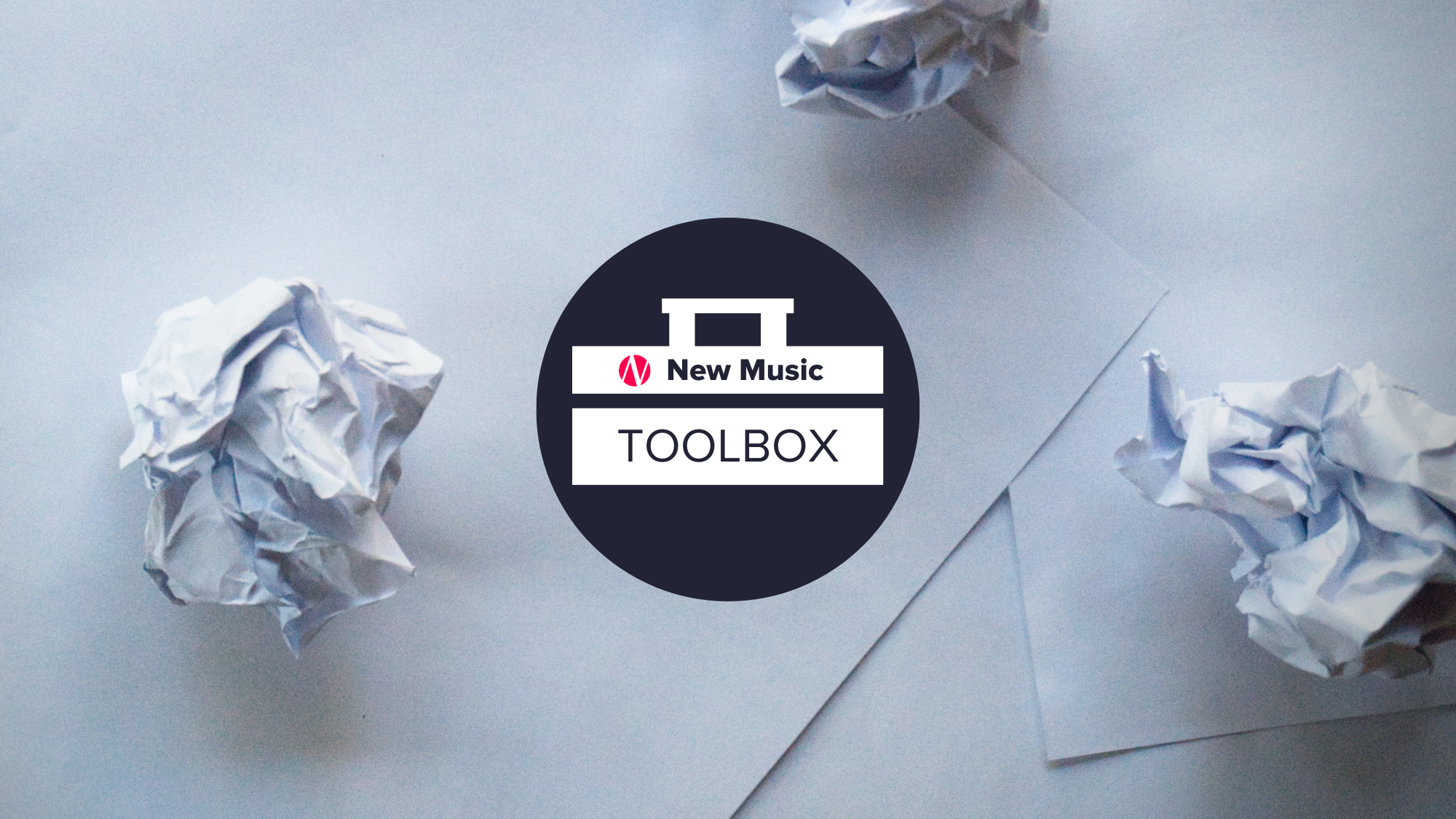 Crumpled papers with an overlay of the NewMusicBox New Music TookBox logo