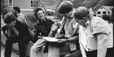 Composers of the 1990 Composer-to-Composer Festival working on their manifesto on censorship. Telluride, CO.