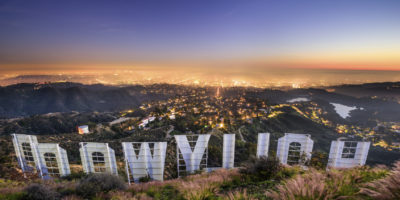 Los Angeles, USA - February 29, 2016: The Hollywood sign overlooking Los Angeles. The iconic sign was originally created in 1923.