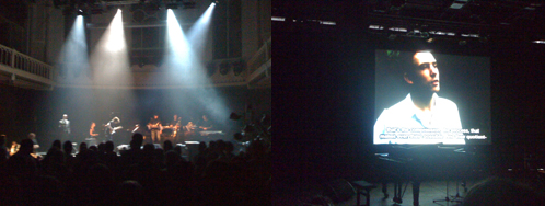 Ensemble Klang performing <i>Narayana's Cows</i> at Night of the Unexpected; Johannes Kreidler's video <i>Product Placements</i>